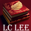 Review  icon: a stack of books with a golden feather on the top cover. With the text of: LC LEE